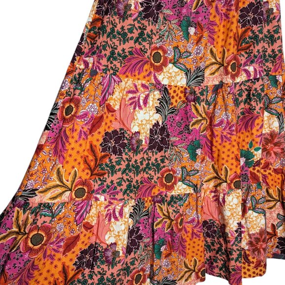 Loft Maxi Skirt Tiered Slit Tropical Floral Pattern Linen Blend Pull On Large - Picture 4 of 6